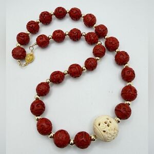 Revived 20" carved Cinnabar w/ carved bone and gold accent‎ beaded necklace!